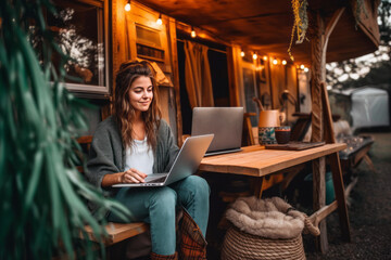 Young woman digital nomad engaging in remote work outside her vintage camper van, epitomizing the...