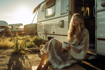 Young woman enjoying her morning coffee outside a retro, vintage camper van, living the van life in scenic beauty, generative ai