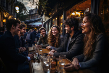 Millennial friends enjoying a fun-filled social gathering at an outdoor restaurant, sharing stories and laughter, generative ai