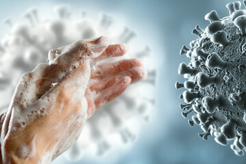 Hand washing close-up, virus image background