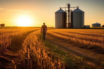 Rear view of a farmer at dawn, walking through a dew-kissed corn field towards distant grain silos, generative ai - Powered by Adobe