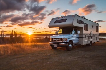 Vintage camper van stationed amidst beautiful nature at sunset, signifying freedom, adventure, and the joy of travel and wanderlust, generative ai