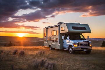 Vintage camper van stationed amidst beautiful nature at sunset, signifying freedom, adventure, and the joy of travel and wanderlust, generative ai