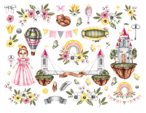 Fairytale princess and castles in the air set on a white background