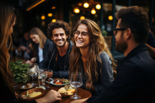 Millennial Friends Enjoying A Fun-filled Social Gathering At An Outdoor Restaurant, Sharing Stories And Laughter, Generative Ai