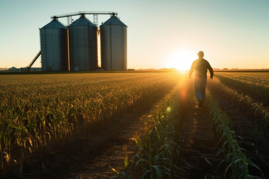 Rear view of a farmer at dawn, walking through a dew-kissed corn field towards distant grain silos, generative ai