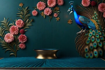 Luxury Elegant Leather Base above on Flowers with Peacock illustration Background. 3D Wallpaper for Interior Mural Painting wall art Decor. Modern, Texture, Realistic 3d render 