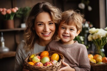 Fototapeta premium A sweet family portrait of a happy mother and little son holding a wicker basket filled with colorful Easter eggs. Gentle hugs and smiles in the cozy kitchen at home.