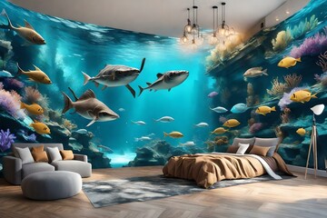Enter the Enchanting Underwater Realm - Immerse Yourself in the Mesmerizing 3D Effect Wall with Wild Illustration Background. 3D Interior Mural for Home Wall art Decor Wallpaper  