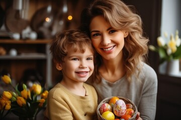 Fototapeta na wymiar A sweet family portrait of a happy mother and little son holding a wicker basket filled with colorful Easter eggs. Gentle hugs and smiles in the cozy kitchen at home.