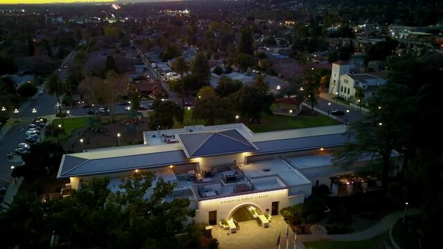 Night aerial view of the Monrovia Public Library