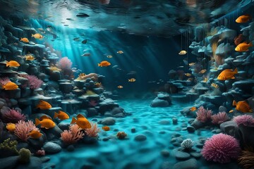 Fototapeta na wymiar Enter the Enchanting Underwater Realm - Immerse Yourself in the Mesmerizing 3D Effect Wall with Wild Illustration Background. 3D Interior Mural for Home Wall art Decor Wallpaper 