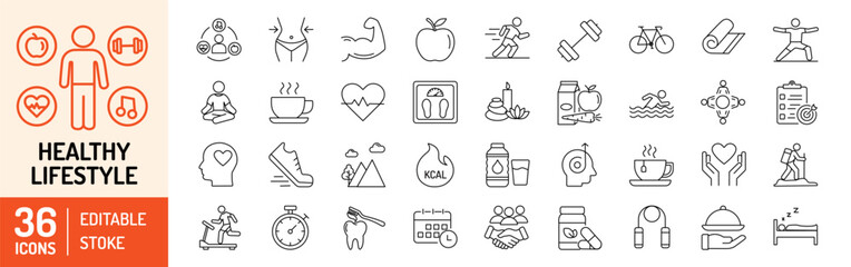 Lifestyle editable stroke outline icons set. Lifestyle, exercise, diet, running, yoga, habits, self-care, sleep, culture and relationship