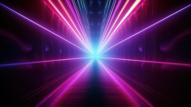 eon light tunnel with red and neon rainbow lights, in the style of rustic futurism, violet and aquamarine, high-angle, vintage aesthetics, poster, unreal engine 5, large canvas format