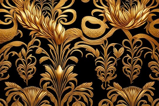 Elegant leather base golden floral seamless damask flowers with golden peacocks isolated on black background. Matelic, Italian, chains 3d interior mural wall art decor wallpaper