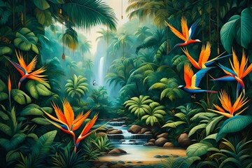 Beautiful Nature Painting wildlife Birds with Tree Background. Birds of Paradise in the Jungle and Tropical Leaves Tree. 3d Interior Mural Canvas Painting wall art Wallpape
