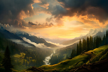 sunset in the mountains - beautiful dramatic panoramic woodland landscape with cloudy sky