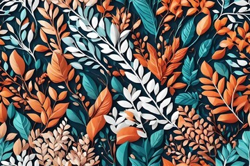 Wall hanging branches seamless pattern leaves fall with bright color flowers illustration background. 3d abstraction wallpaper for interior mural wall art decor