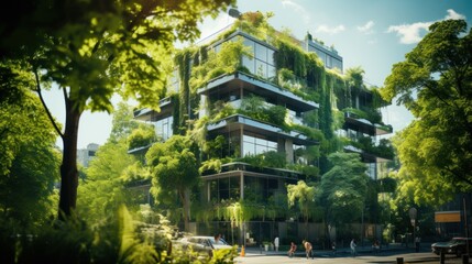 Fototapeta na wymiar Selection of eco-friendly plants and buildings with vertical gardens in the modern city. Green Forest on Sustainable Glass Office Building with Green Environment Concept Go Green