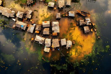 beautiful aerial landscape with lake island settlement