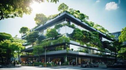 Selection of eco-friendly plants and buildings with vertical gardens in the modern city. Green Forest on Sustainable Glass Office Building with Green Environment Concept Go Green