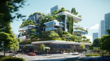 Obraz premium Selection of eco-friendly plants and buildings with vertical gardens in the modern city. Green Forest on Sustainable Glass Office Building with Green Environment Concept Go Green