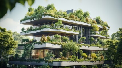 Naklejka premium Selection of eco-friendly plants and buildings with vertical gardens in the modern city. Green Forest on Sustainable Glass Office Building with Green Environment Concept Go Green