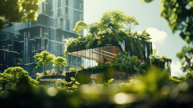 Selection of eco-friendly plants and buildings with vertical gardens in the modern city. Green Forest on Sustainable Glass Office Building with Green Environment Concept Go Green