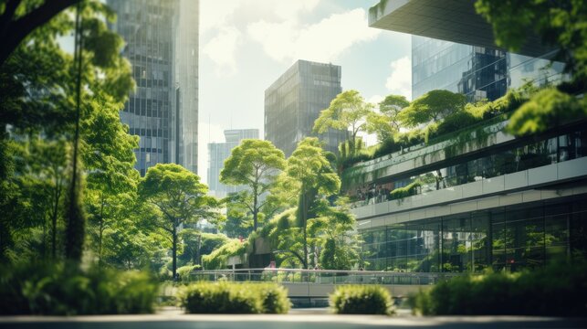 Selection of eco-friendly plants and buildings with vertical gardens in the modern city. Green Forest on Sustainable Glass Office Building with Green Environment Concept Go Green