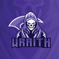 wraith logo design, mascot cartoon logo illustration,  esports mascot, gaming logo template premium vector