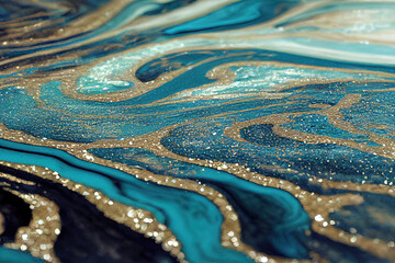 Golden and blue acrylic color liquid ink swirl abstract background with ravishing turbulence wavy pattern and detailed texture by Generative AI. - obrazy, fototapety, plakaty