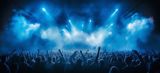 Energetic Concert Crowd with Vibrant Blue Streamers Background, Generative AI