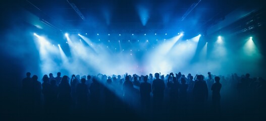 Euphoric Crowd at a Concert Bathed in Mesmerizing Blue Lights, Generative AI