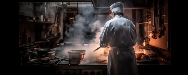Vintage Chef Cooking in a Smoky Kitchen, Generative AI