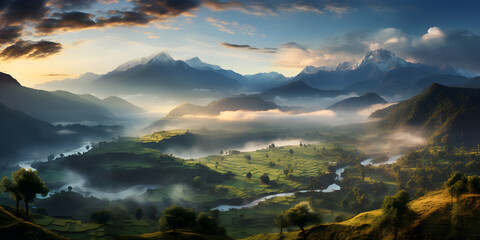 Fototapeta na wymiar beautiful panorama of the misty mountains with forest valley river and clouds