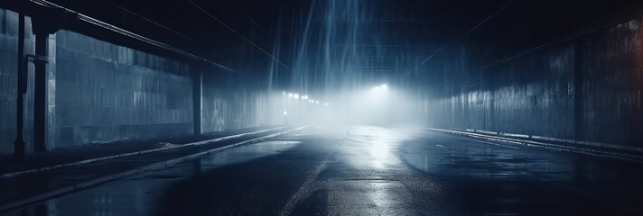 Dark Rainy Night in the Tunnel with Glowing Street Lights and Reflections, Urban Cityscape, Copy Space, Generative AI