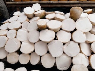 Pile of fresh young bamboo shoot in the fresh market. Mock up of nature product.