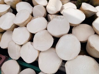 Pile of fresh young bamboo shoot in the fresh market. Mock up of nature product.