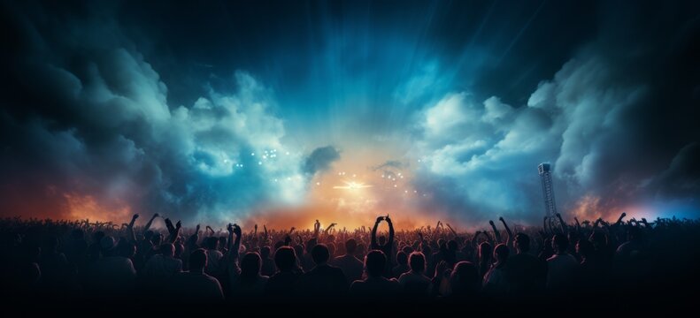 Energetic Concert Crowd with Vibrant Blue Lights and Excitement, Generative AI