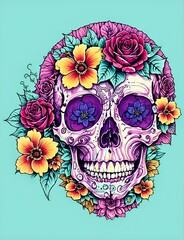 A Beautiful Mortality: A Colorful Skull with Flowers on a Blue Background.The image shows a colorful skull with flowers on a blue background. The skull is a reminder of our mortality, but the flowers 