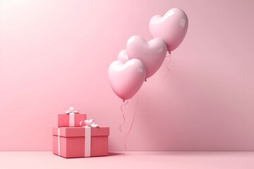 Playful Pink Box with Floating Balloons - Creative Photo Banner Background with Copy Space, Generative AI