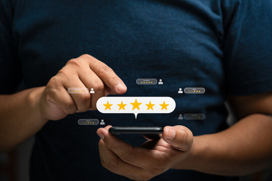 Customer review satisfaction feedback survey concept. Business people rate service experience and product quality or staff friendliness and overall value for the price. information, amend, improve