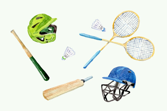 Watercolor sport equipment elements collection