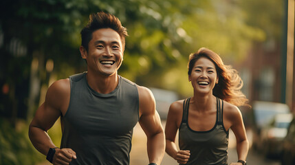Asian couple in park. jogging running, exercise morning background. AI Generated.