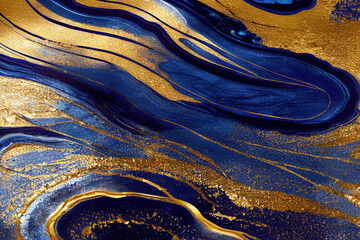 Blue and golden acrylic liquid ink swirl abstract background with ravishing turbulence wavy pattern and detailed texture. Luxury fluid liquid art by Generative AI. - obrazy, fototapety, plakaty
