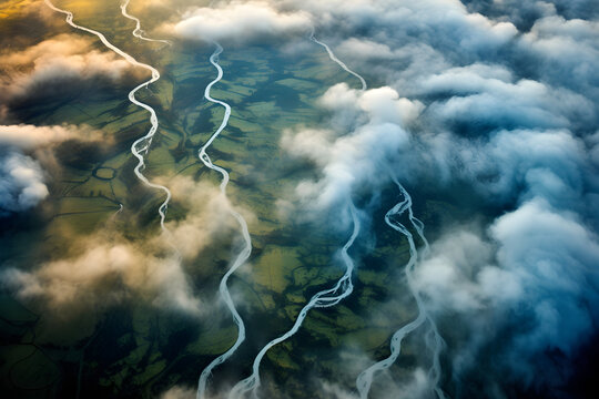 dramatic aerial shot of clouds above river tributaries
