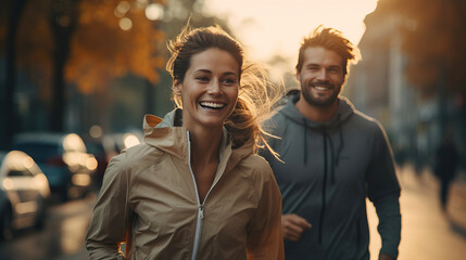 smile of couple in park. jogging running, exercise morning background. AI Generated. - obrazy, fototapety, plakaty