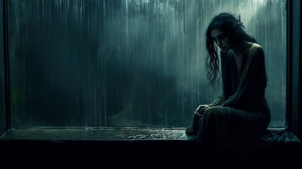 female solitude, a portrait of a sad woman next to a window with raindrops, banner with copy space...