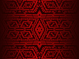 High contrast red and black glossy stripes background. Luxurious batik ornament. Abstract technology graphic banner design. Vector corporate background.