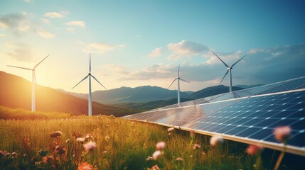 renewable energy background with green energy as wind turbines and solar panels desktop background